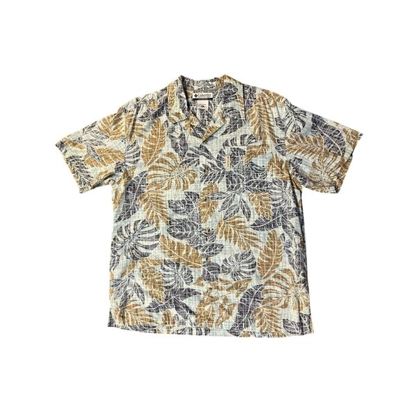 Columbia Camp Shirt Mens M Blue Tan Leaf Print Hawaiian Casual Summer Travel Y2K - Picture 3 of 16